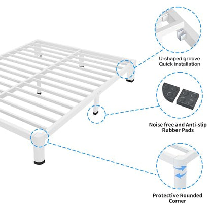 ROIL 20 Inch White Queen Bed Frame with Rounded Corner & 4 Mattress Baffles | Easy Assembly, Noise Free, 3500LBS Load Capacity, No Box Spring Needed, 18.4" Storage Space, Headboard Hole, Heavy Duty Steel - size: Queen, style: 20 Inch White