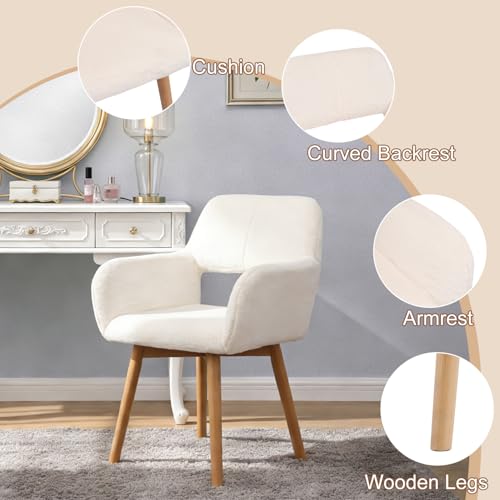 Desk Chair No Wheels Comfy Accent Chair for Living Room Bedroom Dining Home Office Vanity Chair Mid Century Modern Upholstered Armchair (Angora White, 1) - color: Rabbit Fur White