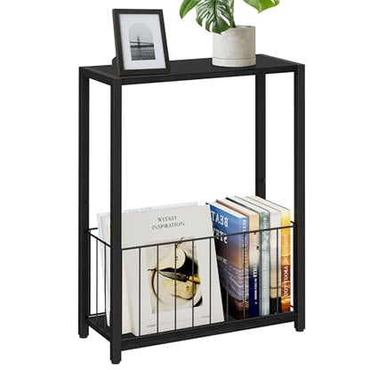 Homleke Narrow Side Table with Magazine Holder, Skinny End Table | Space-Saving Design, Small Spaces, Storage Shelf, Metal Frame, Easy Assembly, 7.1" D x 16.9" W x 23.6" H, Black - color: Black - Standard