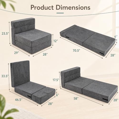 KOMFOTT Convertible Folding Sofa Bed, 4-in-1 Fold Out Sleeper Chair | Floor Sofa with Corduroy Cover, Smooth Zipper & Hook and Loop Fasteners for Living Room, Bedroom, Guest Room, Dark Grey