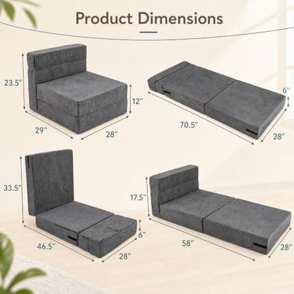 KOMFOTT Convertible Folding Sofa Bed, 4-in-1 Fold Out Sleeper Chair | Floor Sofa with Corduroy Cover, Smooth Zipper & Hook and Loop Fasteners for Living Room, Bedroom, Guest Room, Dark Grey