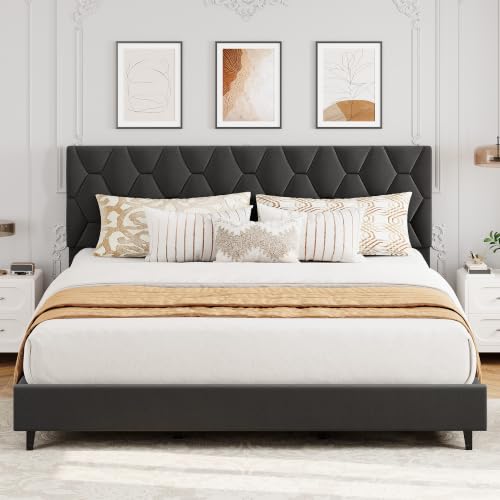GAOMON Grey King Upholstered Bed Frame with Headboard, Heavy-Duty Platform Bed Frame with Strong Wood Slats, No Box Spring Needed/Easy Assembly/Noise Free | Heavy-Duty Bed Frame with Wooden Slats Support Upholstered Mattress Foundation No Box Spring Neede
