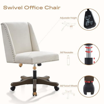 Upholstered Armless Office Chair Fabric Swivel Home Desk Chair with Wheels | Modern Comfy Boho Office Chair with Wooden Legs Adjustable Desk Chair no Arms for Sewing Women Farmhouse Study Studio Beige - color: Beige