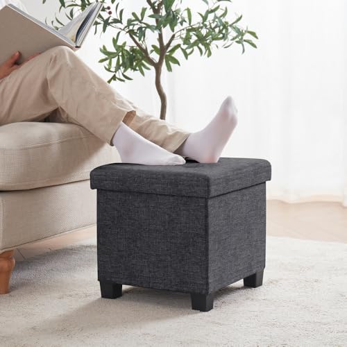 Ornavo Home 15" Square Folding Storage Ottoman Cube with Legs, Dark Gray | Small Linen Storage Ottoman; Fits Compact Spaces; Ideal for Bedroom or Living Room