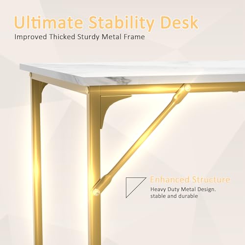 47 Inch Computer Desk with Wood Board and Metal Frame, Modern Simple Style Work Desk with Adjustable Feet, Study Gaming Desk Table for Home Office, Bedroom, Small Spaces - color: Gold