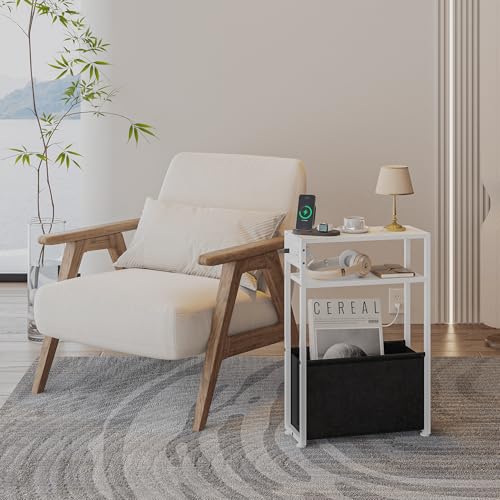 Leomonio White Side Table with Charging Station, Slim End Tables with Fabric Basket, Skinny Table for Small Spaces, Thin Bedside Table for Living Room, Bedroom - color: White - Outlet