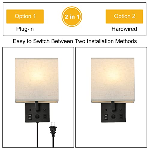 YBING Bedside Wall Lamp Set of 2, Modern Wall Sconces with Plug in Cord Nightstand Wall Lamps with Dual USB and AC Outlet Black Wall Lamps for Bedroom Living Room (2 Bulbs Included)