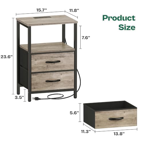 Huuger Night Stand with Charger Station and LED Lights, 2 Drawer Nightstand | Bed Side Table with Open ShelfEnd TableFabric Drawers for Bedroom, Oak - color: Oak, size: 11.8"D x 15.7"W x 23.6"H（2 Drawers）