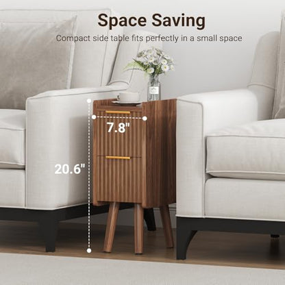 7.9" Narrow Fluted Nightstand Set of 2, 20.6" H Small Side Table, Walnut | Compact Design for Small Spaces, 2 Drawers, Wood Grain Finish, Perfect as Bedside Table, End Table or Small Bedrooms - color: Walnut-2 Pcs