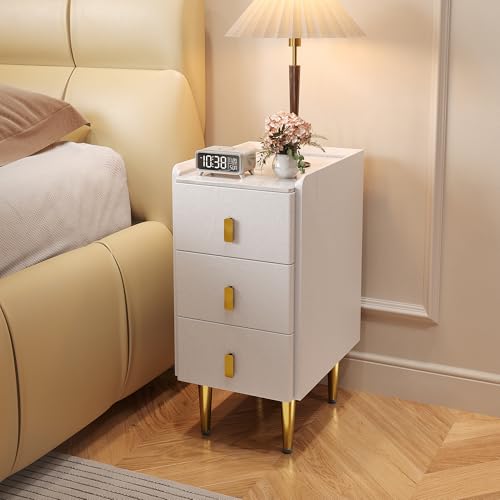 Narrow Nightstand with Drawers, 11.81" Narrow Bedside Table for Bedroom | Solid Wood Narrow Night Stand with Sintered Stone Top & Leather Surface, Slim Nightstand for Small Spaces, White - color: White, size: 15.7''×11.8''×24.5''