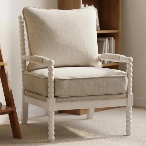 DUHOME Linen Fabric Spindle Accent Chair with Wood Frame,Spool Chairs with High Resilience Spring Cushion and Armrest Pads, Leisure Armchair for Living Room Bedroom Farmhouse Home Office Belcony - color: White+cream, size: 1 pc