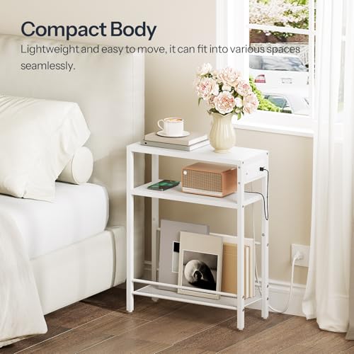 HOOBRO Small Narrow Side Table with Charging Station, Skinny End Table for Small Spaces, Slim Nightstand with USB Ports Outlet, Sofa Beside Table with Storage Shelf, White WT102UBZ01 - color: White