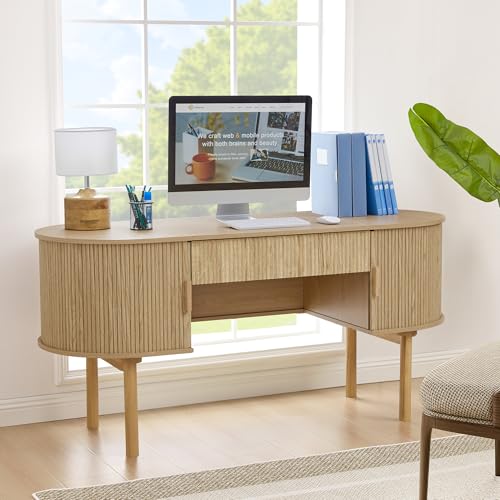 Executive Office Desk with Storage, 63 Inch Large Computer Workstation Desk with Drawer and File Cabinets, Mid Century Modern Fluted Wood Writing Desk for Home Office, Study Room, Living Room, Natural - color: Natural