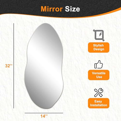 Irregular Wall Mirror, 32"x14" Slim Vertical Wavy Design | Frameless, Entryway, Hallway & Bathroom, Modern Boho, Wall-Mounted - size: 32"L x 14"W