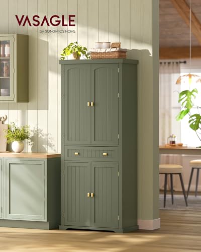 VASAGLE Pantry Cabinet, Freestanding Tall Cupboard with a Drawer | Freestanding cupboard with 2 cabinets, 6 adjustable shelves, Forest Green, UBBK561C01 - color: Forest Green, style: Modern