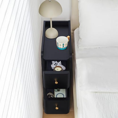 Narrow Nightstand Set of 2, Wooden Small 2 Drawer Nightstand, Slim Side End Table, Skinny Bedside Table, Mid Century Modern Night Stand with Drawers for Bedroom (Black-1 pc) - color: Black-1 Pc