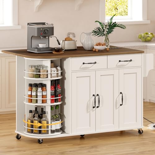 Kitchen Island with Power Outlet & Drop Leaf, Kitchen Rolling Island with Rotating Organizer, Kitchen Island Cart with Storage Cabinet, Mobile Island Table for Kitchen, White and Walnut - color: White + Walnut