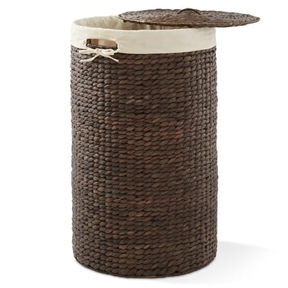 Casafield Round Laundry Hamper with Lid and Removable Liner Bag - Espresso Dark Brown, Woven Water Hyacinth Wicker Laundry Basket for Clothes, Towels