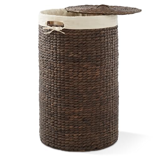 Casafield Round Laundry Hamper with Lid and Removable Liner Bag - Espresso Dark Brown, Woven Water Hyacinth Wicker Laundry Basket for Clothes, Towels