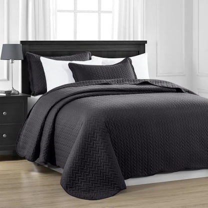 MOONLIGHT20015 Quilt Queen Size (90" x 96") with 2 Pillow Shams (20" x 26"+2") for Summer - 3 Pcs Lightweight Bedding Set Reversible Coverlet Embossed Quilted Bedspread (Black) - color: Black, size: Full/Queen