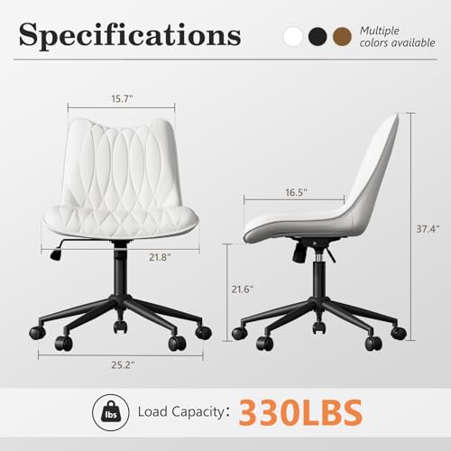 Armless Office Chair, Swivel Rolling Leather Desk Chair, White | Waterproof Upholstery, Padded Seat, 15° Relaxing Tilt, 330 LBS Capacity, for Bedroom Vanity and Computer Work - color: White