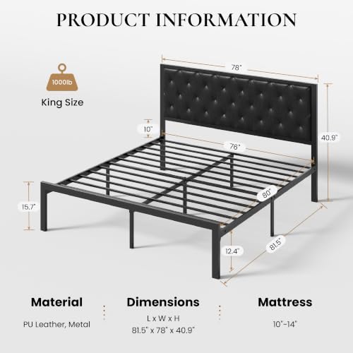 SHA CERLIN King Size Metal Bed Frame with PU Tufted Headboard, Black | Modern Design Heavy-Duty Platform Bed, No Box Spring Need, PU Leather Upholstery, Noise Free, Easy Assembly - color: Black, size: King