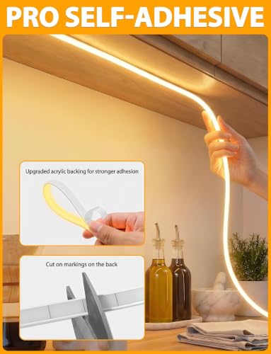 Lamomo COB LED Strip Lights 6.56Ft, Warm White Dimmable Self-Adhesive Led Rope Light with Remote, Flexible Cuttable Waterproof 3000K Silicone Neon Tape Light for Bedroom, Indoor, Cabinet, 10mm Width - color: Warm White, size: 6.56Ft