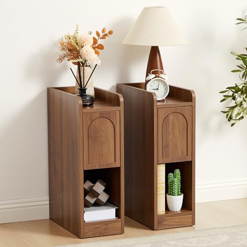 Narrow Nightstands Set of 2, Slim Bedside Tables with Raised Edge Top, Arched Drawer & Open Shelf, Modern Wooden Small End Tables for Bedroom Small Spaces (2, Walnut) - color: Walnut-arched Drawer, size: 2-Pack