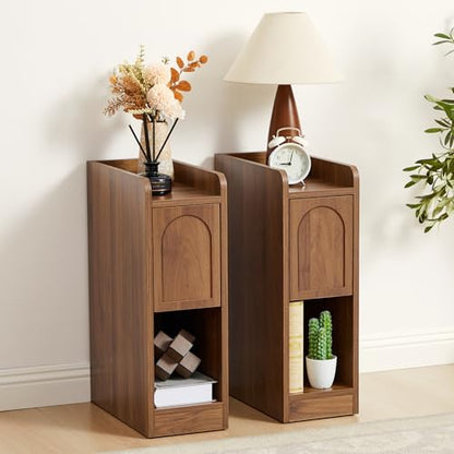 Narrow Nightstands Set of 2, Slim Bedside Tables with Raised Edge Top, Arched Drawer & Open Shelf, Modern Wooden Small End Tables for Bedroom Small Spaces (2, Walnut) - color: Walnut-arched Drawer, size: 2-Pack