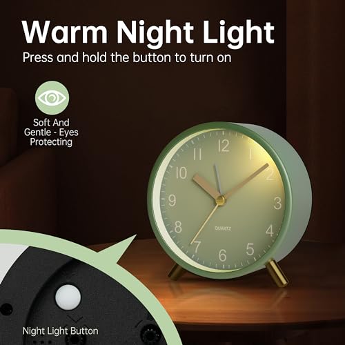 JALL Analog Alarm Clock, 4 inch Super Silent Non Ticking Small Clock with Night Light, Battery Operated, Simple Design, Easy Setting for Office, Bedroom, Bedside, Desk, Teens, Elders, Adult, Green - color: Green+gold
