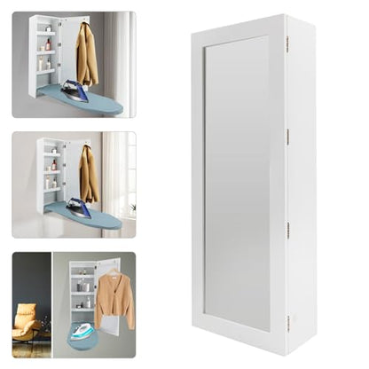 Wall Mounted Ironing Board with Storage Cabinet Built in Swivel Ironing Board with 3Tier Shelf & Dressing Mirror for Home Apartment & Small Spaces