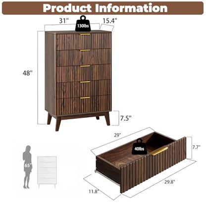 5-Drawer Dresser Fluted Drawers, Mid-Century, Walnut | 31"W x 15.4"D x 48"H, 130 lbs top / 40 lbs per drawer (7.7"H), 5 fluted drawers, gold handles, anti-tip straps - size: 15.4"D x 31"W x 48"H (5 Drawers)
