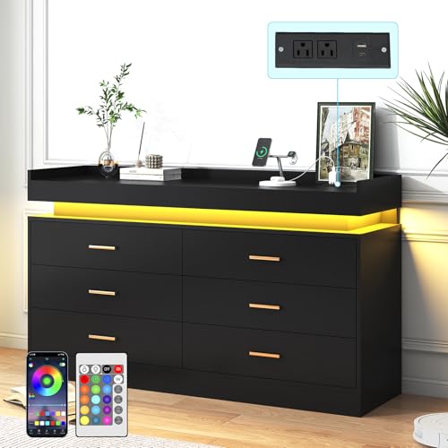 jiteentarou 6 Drawer Dresser with Charging Station and LED Lights, Modern Chest of Drawers with Power Outlet, Organizer Cabinet for, Living Room, Black - color: Black, size: 15.7"D x 46"W x 31.5"H (6 Drawers)