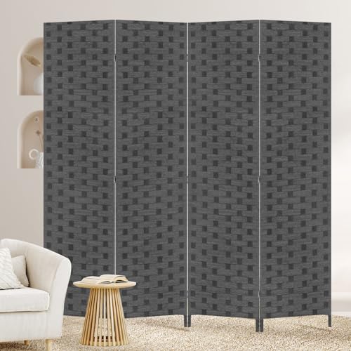 BLKMTY Room Divider, 6ft Folding Privacy Screens, Wall Divider Portable Room Seperating Freestanding Wood Screen, 4 Panels Hand-Woven Design Screen Double Hinged Dividers for Bedroom, Gray - color: Grey