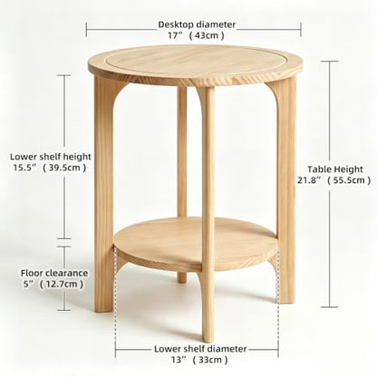 Solid Wood Round Side Table for Living Room, Bedroom | 2-Tier Wooden End Tables, Mid Century Modern Circular Nightstand Bedside Table, Easy Assembly (Natural Wood) - color: Natural Wood