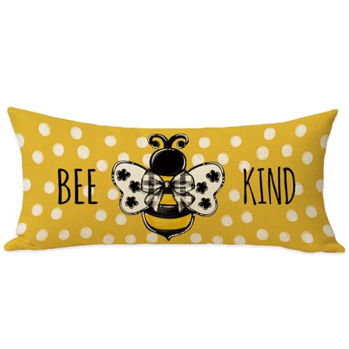Fahrendom Bee Kind Pillow Cover 14x36 Inch Yellow Polka Dot Bumble Bee | Farmhouse Lumbar Throw Pillow Case Spring Summer Seasonal Home Decor Cushion Cover for Sofa Couch Bed - color: Bee Kind, size: 36" x 14" (Pack of 1)