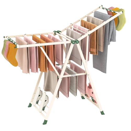 Giantex Clothes Drying Rack, Foldable Metal Laundry Drying Rack with Height Adjustable Wings, 16 Drying Rails, Sock Clips & Shoe Racks, Freestanding Clothing Stand for Indoor & Outdoor, Beige - color: Beige, size: 55.5"L x 39"-58"H