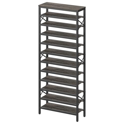 12-Tier Tall Shoe Rack Organizer, Wooden Shoe Storage for Closet Holds 48 Pairs, Sturdy Shoe Shelf with X-Shaped Metal Support, for Entryway, Bedroom, Charcoal and Black SS212BC - color: Charcoal + Black, size: 27.8" x 11" x 81.3"