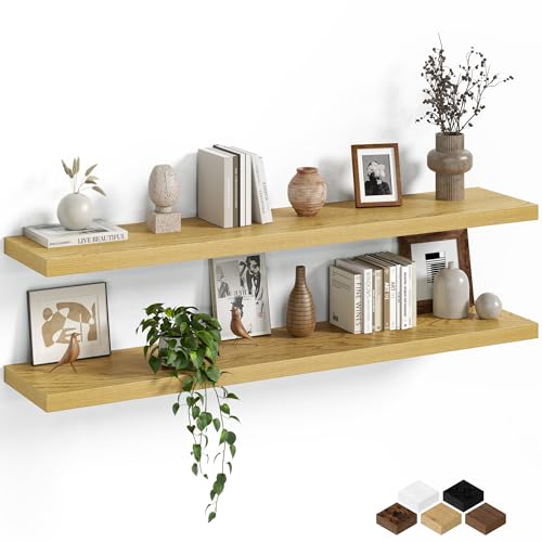 Fun Memories Floating Shelves for Wall, 48 Inch Long Set of 2 Rustic Wood Wall Shelves with Invisible Brackets, Heavy Duty Storage Display for Living Room Bedroom Kitchen, Oak - color: Oak, size: 8"D x 48"L - 2Pack