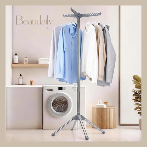 Beaudaily Clothes Drying Rack, Foldable Laundry Drying Rack, Indoor 59-Inch Drying Rack Clothing with 3 Rotatable Arms, Stainless Steel, Holds 27 Pieces, Space Saving, Portable, Grey and Silver - color: Grey + Silver, size: 1-Tier