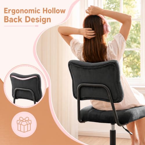 Homkdom Velvet Vanity Chair with Bow Backrest & Height Adjustable,Bedroom | Armless,360 Swivel,Silent Casters for Dressing Room & Living Room, Home Office,Make up,Reading,Black - color: Black