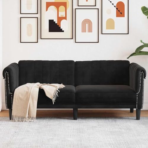 2-Seater Sofa Black Velvet Modern Living Room Furniture Small Couch for Apartments with Sturdy Legs and Soft Upholstered Seating - color: Black/2-seater, size: 71.7" x 30.3" x 29.1" (W x D x H)