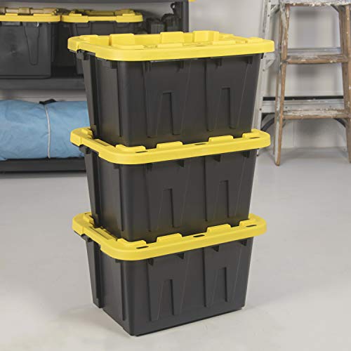 CX Heavy Duty 12-Gallon Stackable Plastic Storage Bins with Lids, 4 Pack | Storage totes for garage organization, Stackable containers, weather-resistant, snap lid, 12.5H x 16.3W x 21.8D, Black/Yellow - size: 12 Gallon
