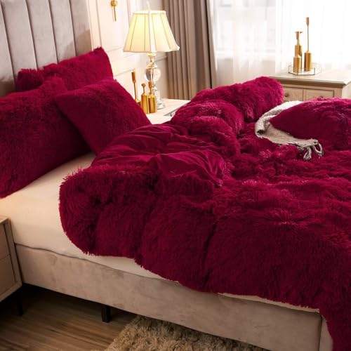 Faux Fur Velvet Fluffy Bedding Duvet Cover Set Down Comforter Quilt Cover with Pillow Sham, Ultra Soft Warm (Burgundy, Twin) - color: Burgundy, size: Twin