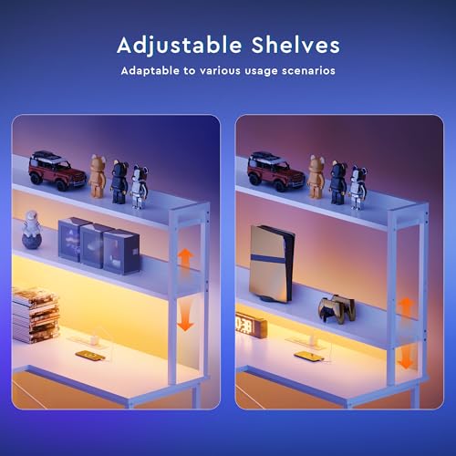 L Shaped Gaming Desk, Reversible with LED Lights, Shelves, White | Reversible, LED lights, Charging, Monitor stand - color: White