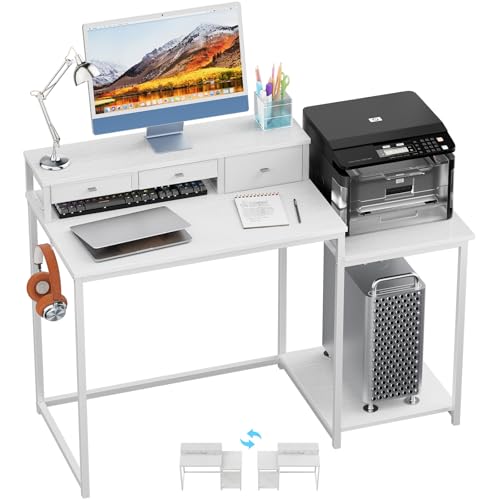 SINPAID 47“ Computer Desk with Monitor Stand for Home Office,White | Large Desk with Monitor Stand and Drawers, Home Office Writing Desk with Storage Shelves and 2 Hooks，Cream Beige - color: White