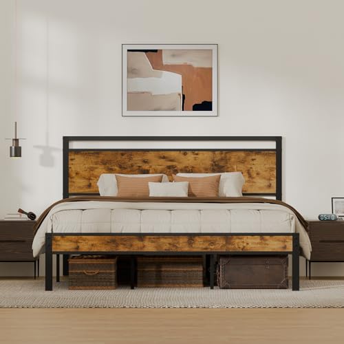 King Metal Bed Frame with Wooden Headboard and Footboard, Heavy Duty Platform Frame with Metal Slats, No Box Spring Needed, Quiet and Non-Slip Design, Space Saving Bed Frame for Bedroom, Vintage Brown - color: Vintage Brown, size: King