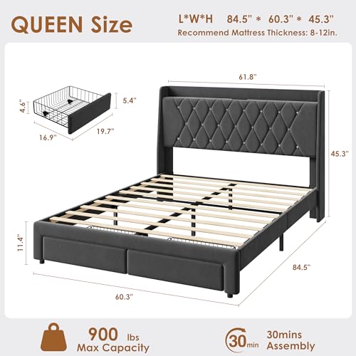 Garvee Queen Bed Frame with Storage, Velvet Upholstered Platform Bed Frame with Crystal Tufted Headboard, Charging Station, 2 Drawers, No Box Spring Needed, Noise-Free,for Bedroom, Dark Gray | Velvet Upholstered Platform Bed Frame with Crystal Tufted Head