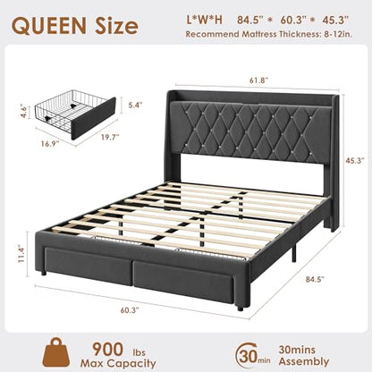 Garvee Queen Bed Frame with Storage, Velvet Upholstered Platform Bed Frame with Crystal Tufted Headboard, Charging Station, 2 Drawers, No Box Spring Needed, Noise-Free,for Bedroom, Dark Gray | Velvet Upholstered Platform Bed Frame with Crystal Tufted Head