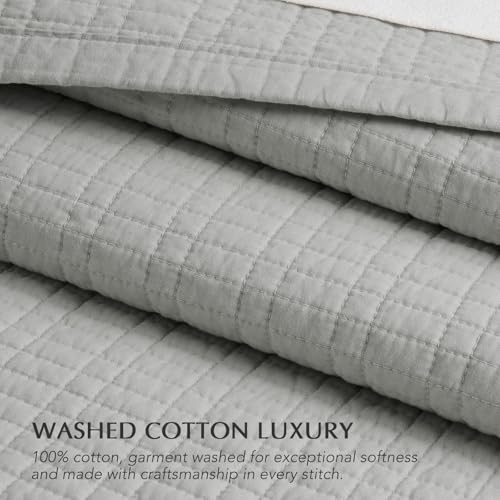 100% Cotton Modern Grid Stitch Quilt Set Queen Size, Drizzle Gray | Pre-Washed Cotton Coverlet Bedspread, Oversized Lightweight 3-Piece Bedding Set for All Season, with 2 Pillow Shams - color: Drizzle Gray, size: Full/Queen (96" X 94")